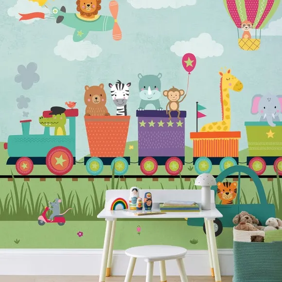Kids Animal Party Train Wall Mural 3
