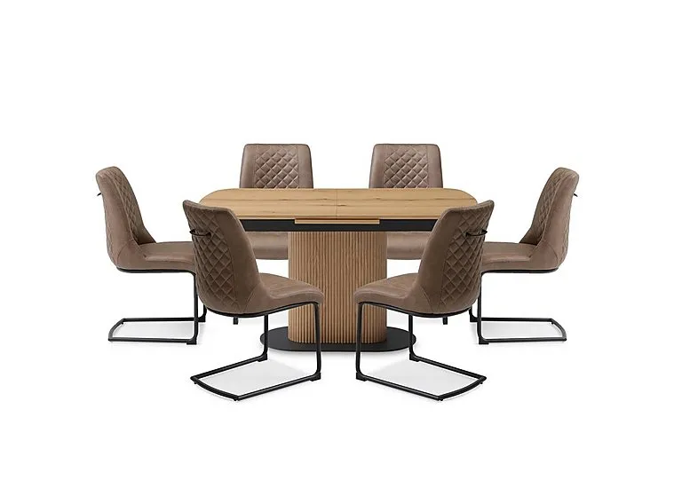 Jayden Pop Up Extending Dining Table and 6 Faux Leather Cantilever Chairs - 140-cm - Light Brown
