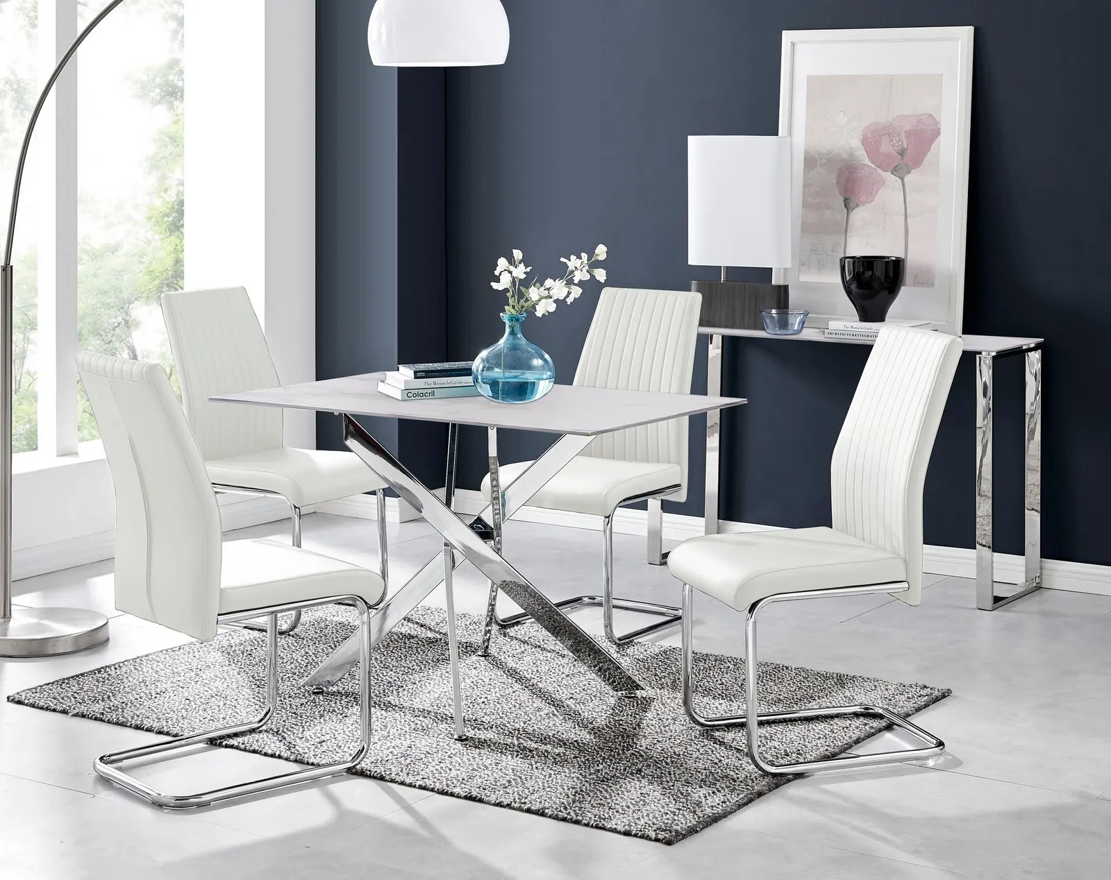 FurnitureboxUK Leonardo White Glass Marble Effect Silver Leg Table & 4 Lorenzo Chairs 1