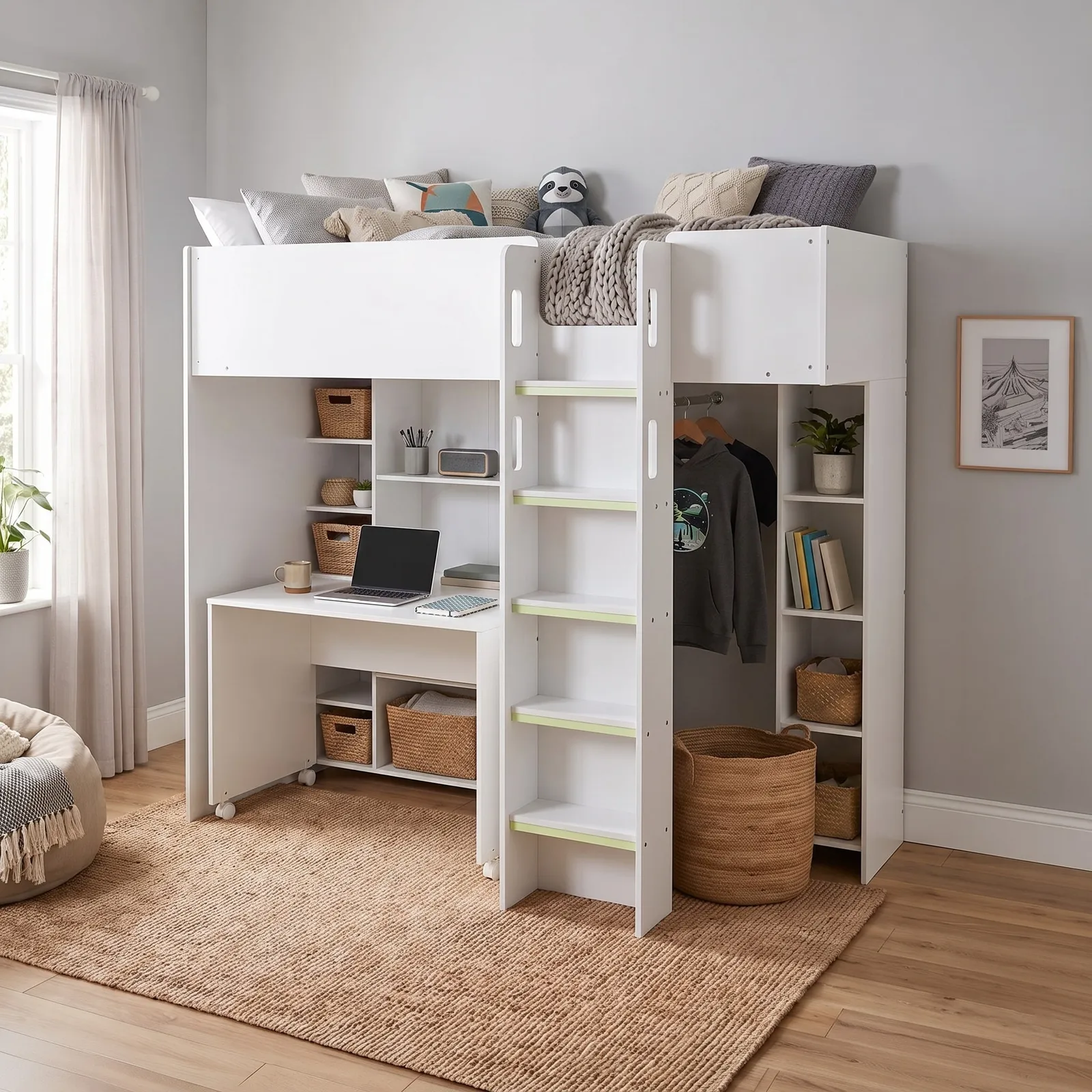 Tao - Single - Storage High Sleeper Bed with Desk, Shelving and Wardrobe - White - Wooden - 3ft
