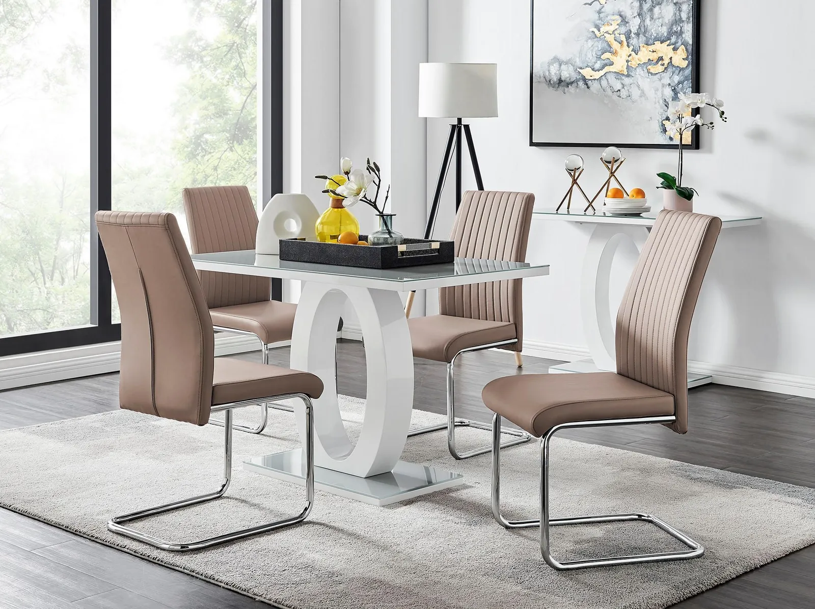 FurnitureboxUK Giovani Grey White Modern High Gloss & Glass Dining Table & 4 Lorenzo Chairs Set in Beige