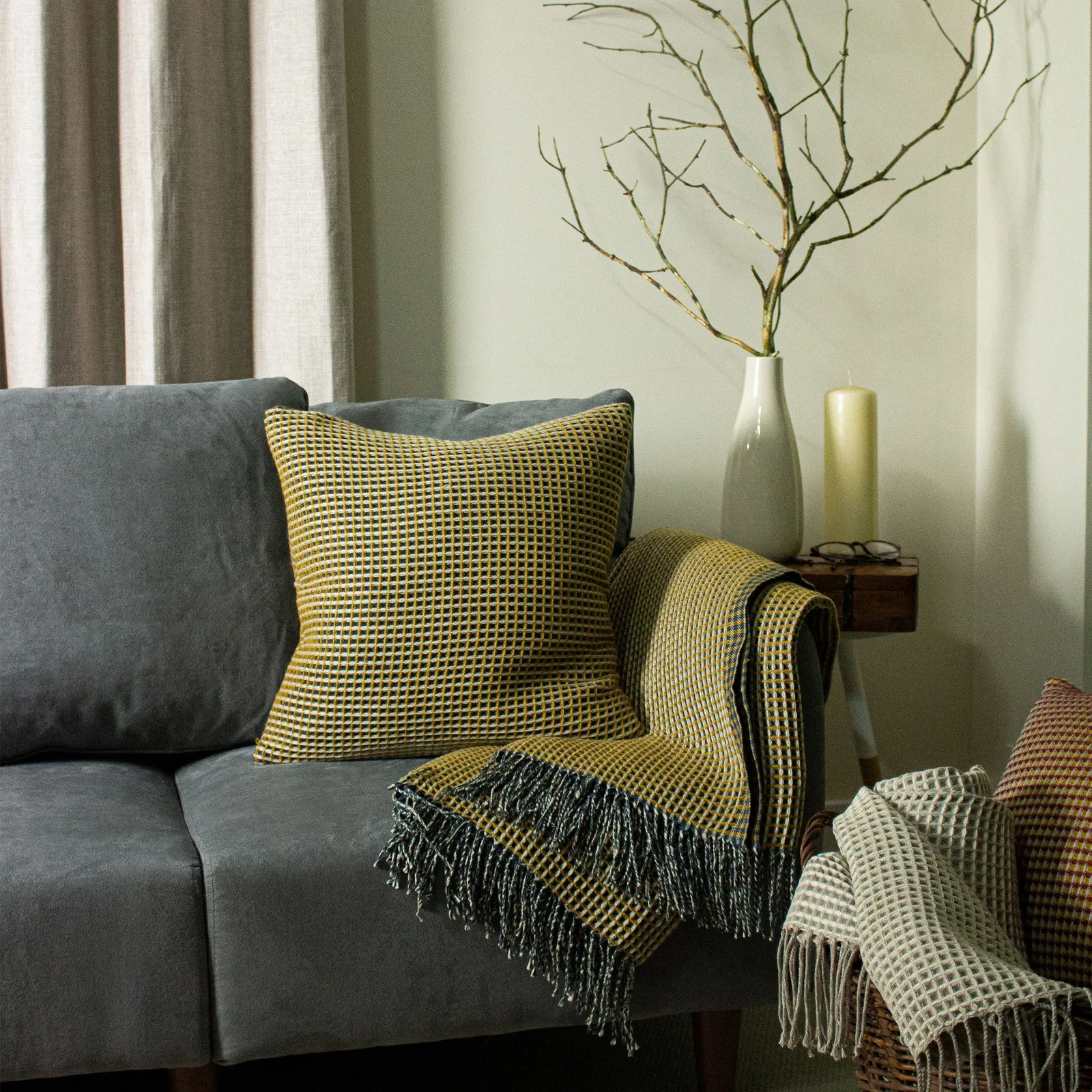 Furn Rowan Waffle Knitted Cushion in Yellow