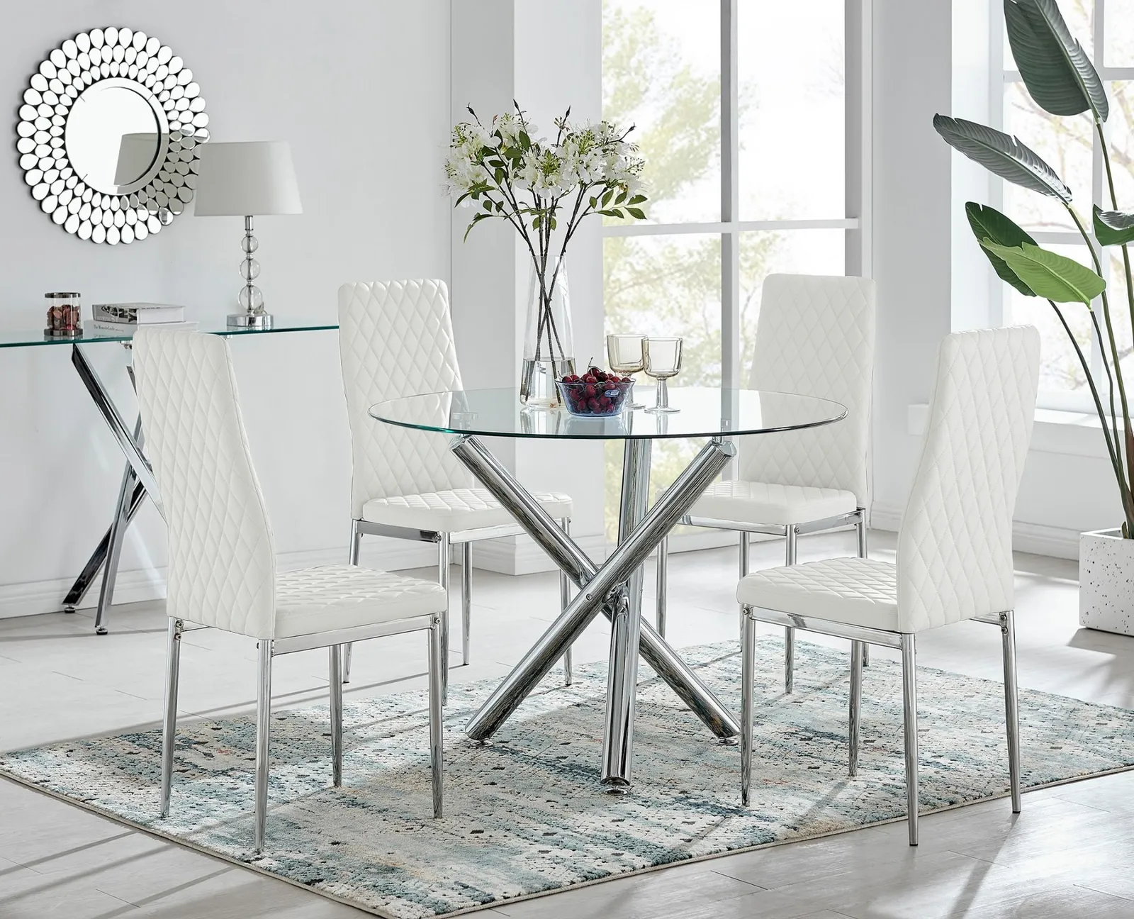 FurnitureboxUK Selina Chrome Round Glass Dining Table & 4 Milan Dining Chairs in Off-White