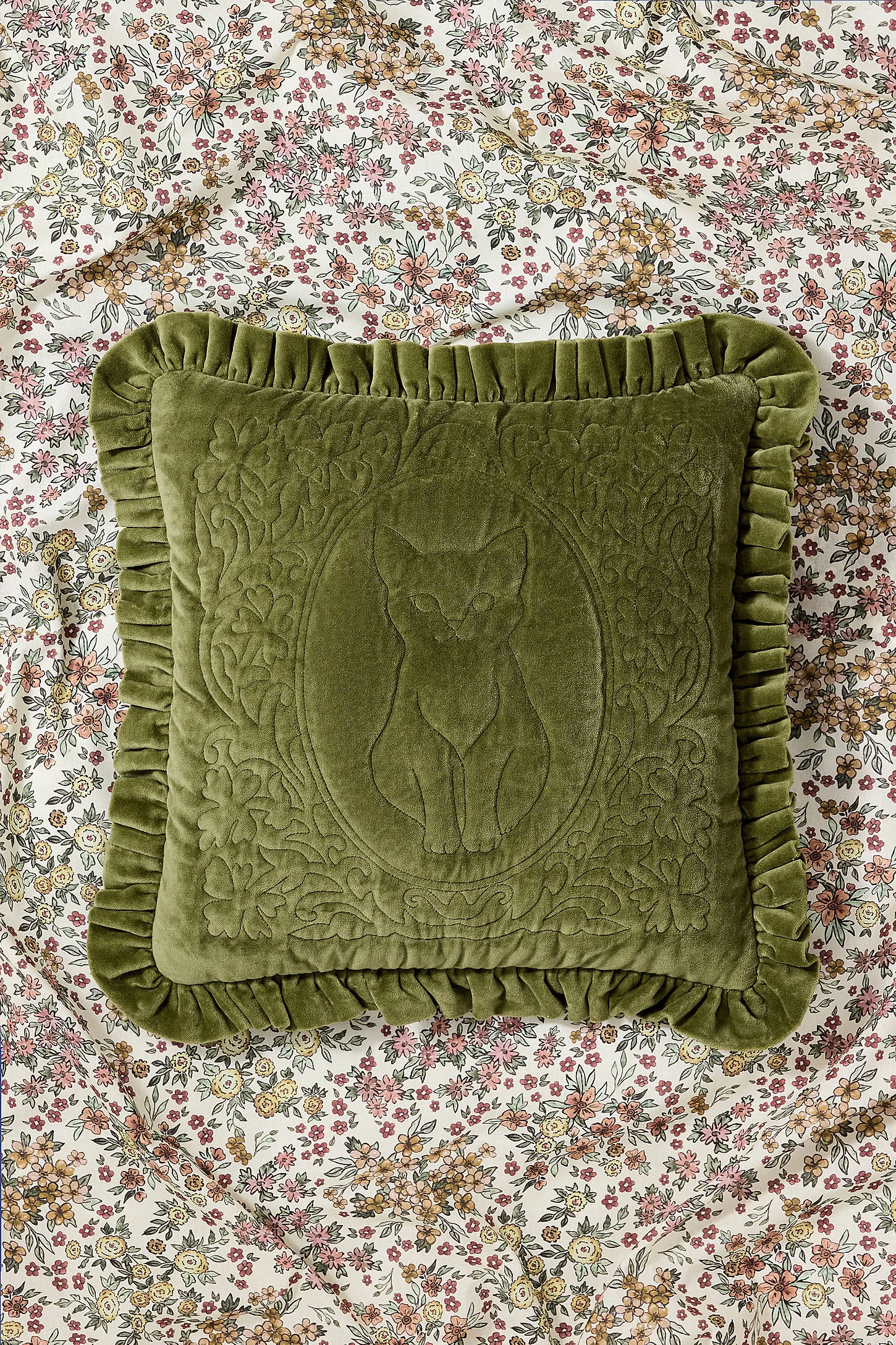 Green Quilted Cat Cushion - Green