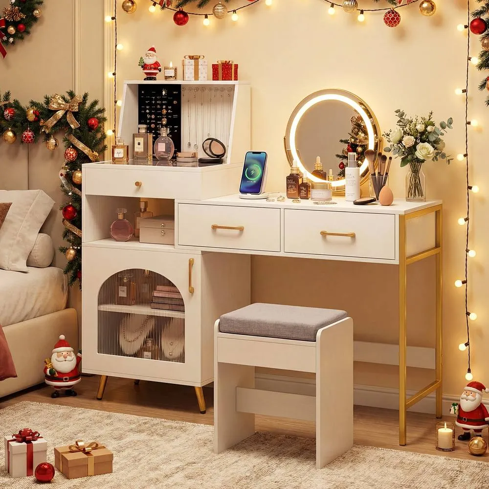 Costway Vanity Desk Set w/ Mirror & Lights Makeup Dressing Table w/ Stool in White 5