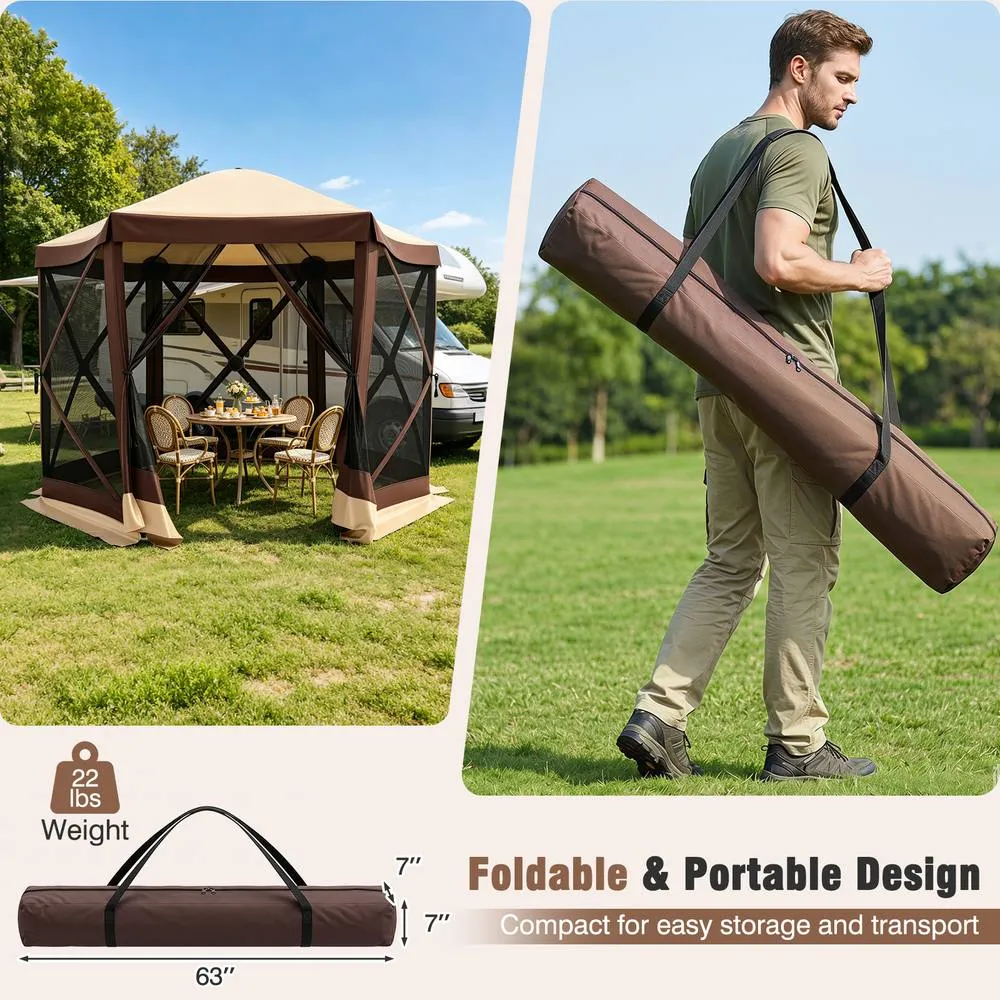 Costway Foldable Gazebo w/6 Net Sides & Zipped Door 6-Sided Garden Pavilion in Brown 6