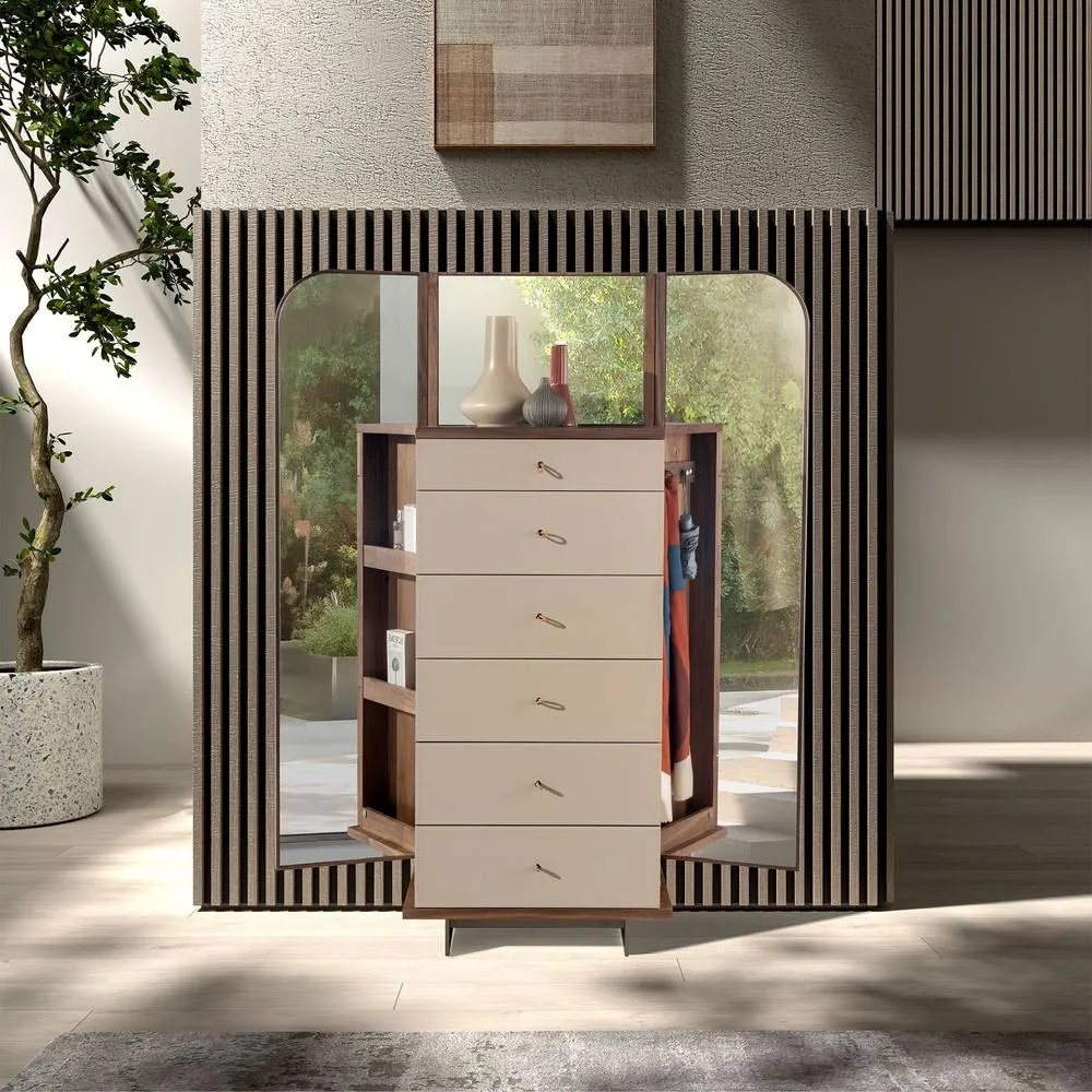 Angel Cerda Walnut Veneer Chifonier with Mink Faux Leather & Mirror 6