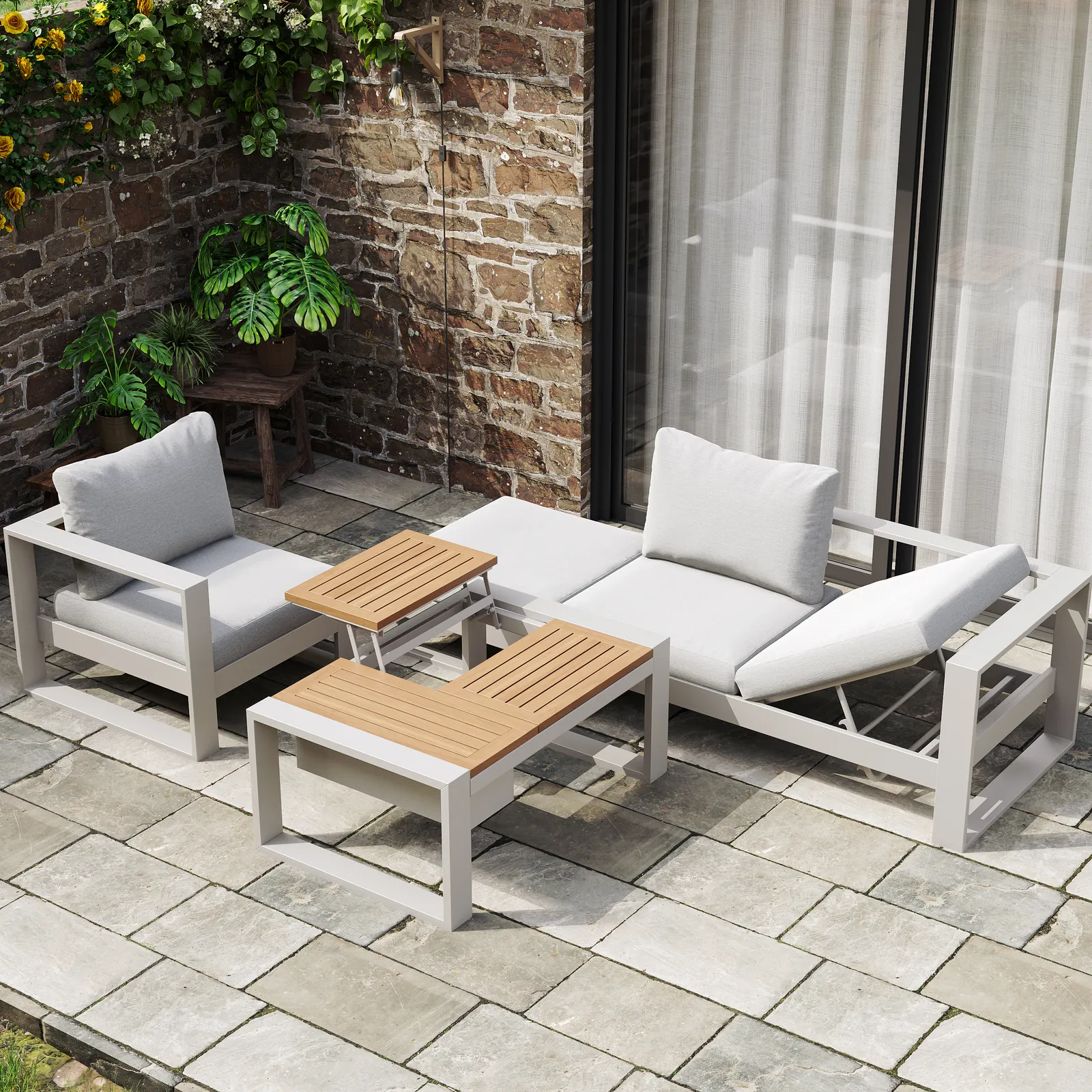 4-Pieces Modular Garden  Sofa Set Aluminum & Acacia for 4 Person in Light Grey