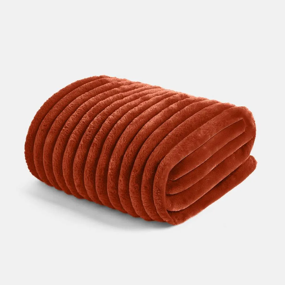 OHS Ribbed Faux Fur Throw Super Soft Fluffy Thick Fleece Bed Blanket in Burnt Orange