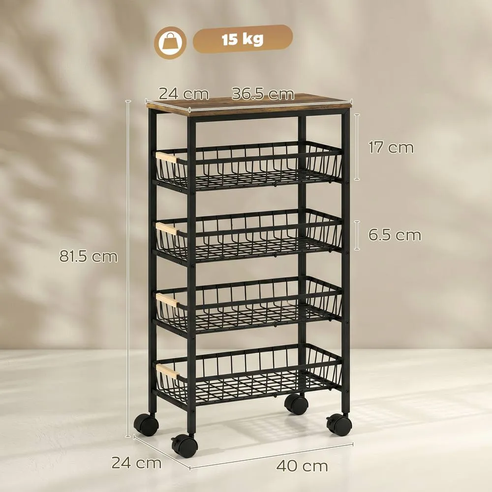 HOMCOM Metal Kitchen Trolley with Pull-Out Baskets, Rustic Brown 3