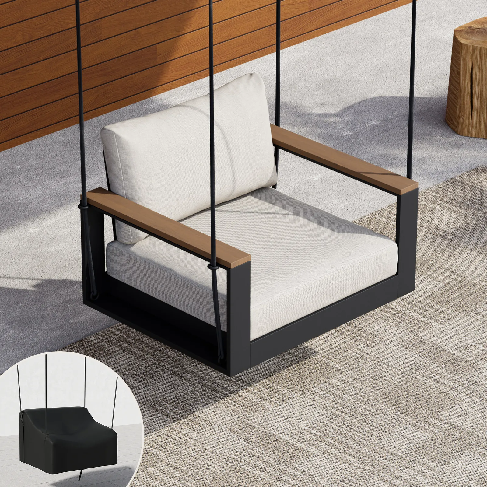 Tevara Outdoor Swing Sofa in Warm White with Cushion & Black Cover