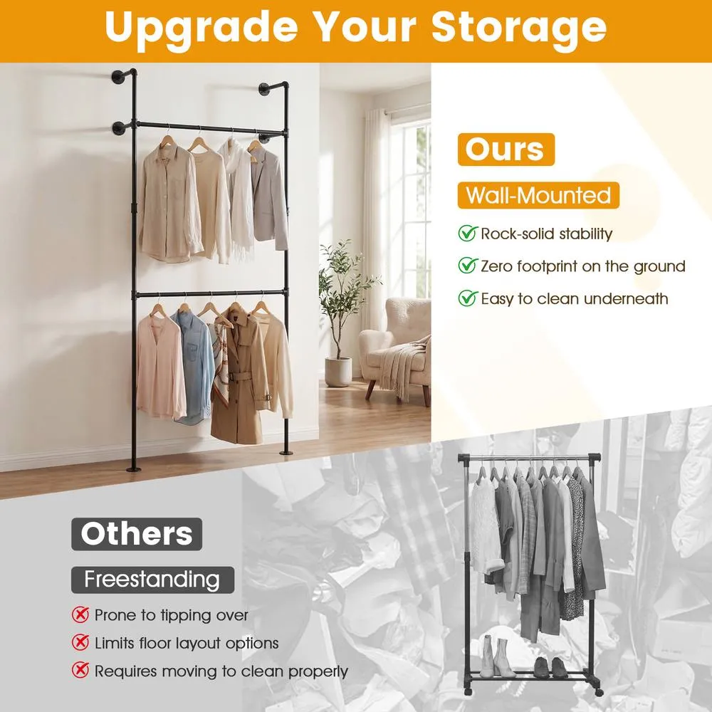 Costway Wall Mounted Industrial Pipe Garment Organizer in Black 3
