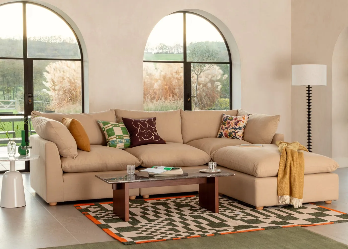 Heal's Astrid Left Hand Facing Corner Sofa Smart Luxe Velvet Midnight Walnut Stained Beech Feet 2