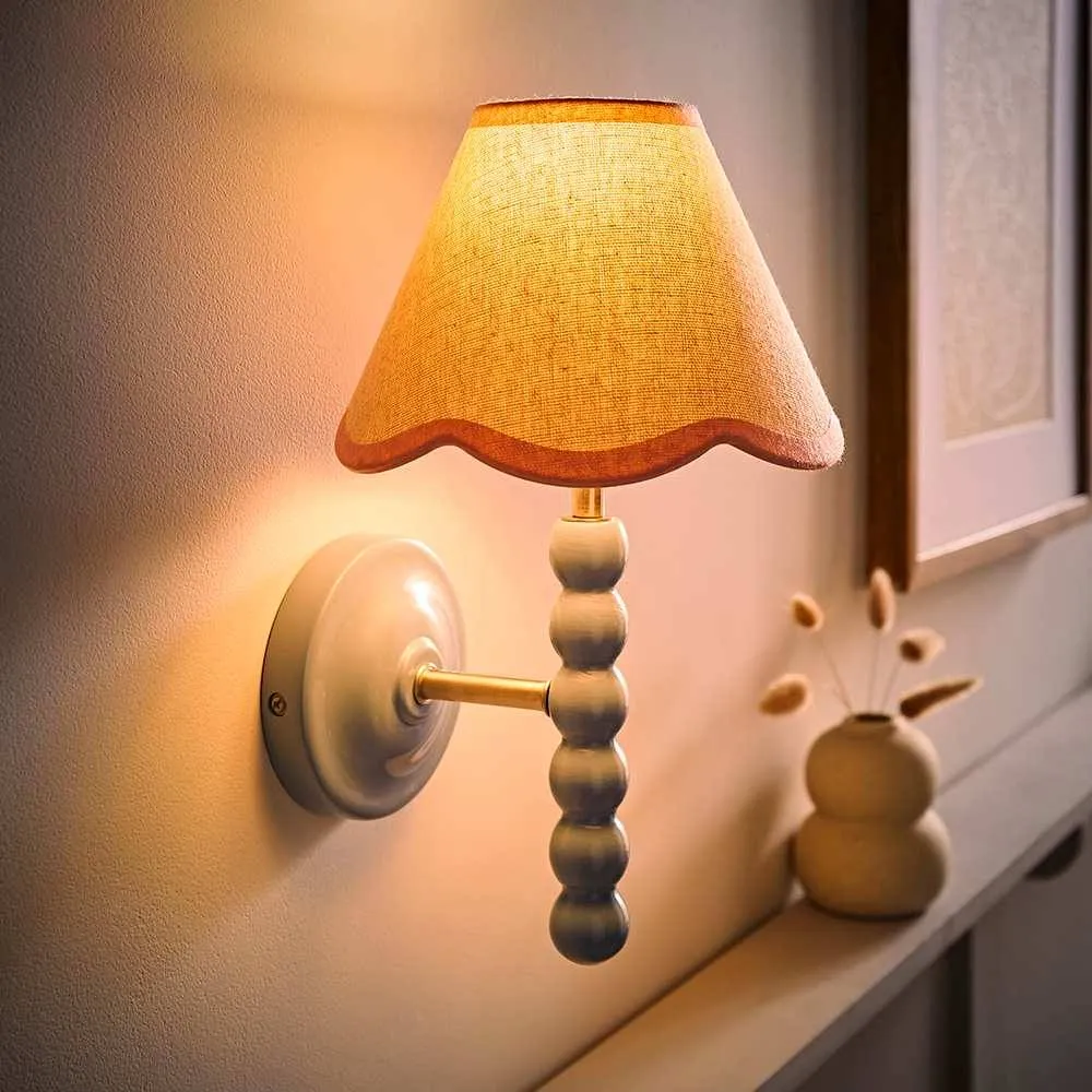 ValueLights Bobbins Pair Blue Bobble Wall Lights & Linen Pastel Trim Lamp Shades in Pale Pink 3