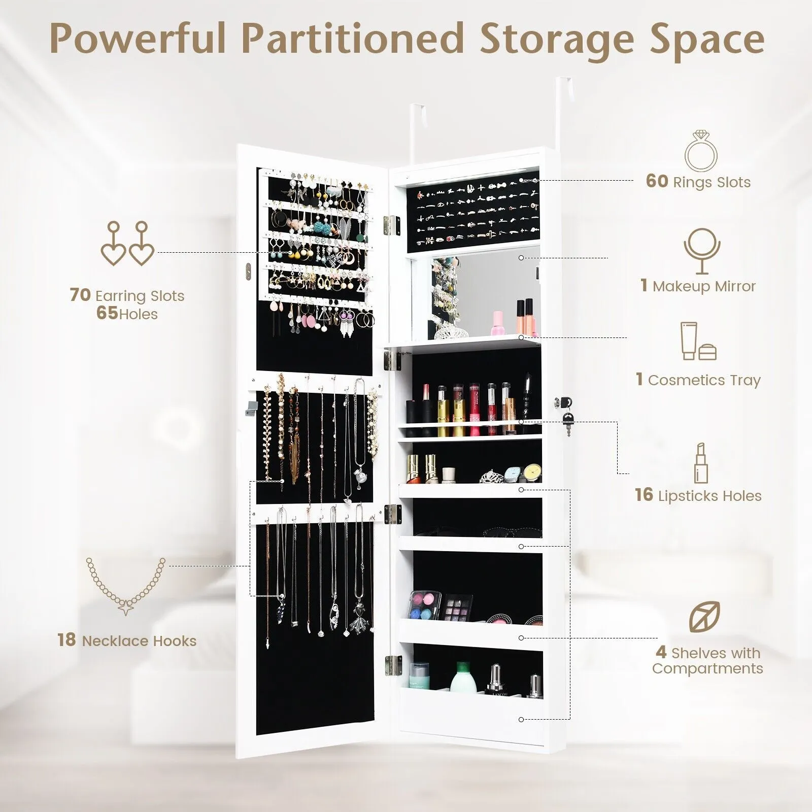 Costway Wall mounted Jewelry Storage Cabinet Door Hanging Jewelry Armoire with Full Mirror in White 5