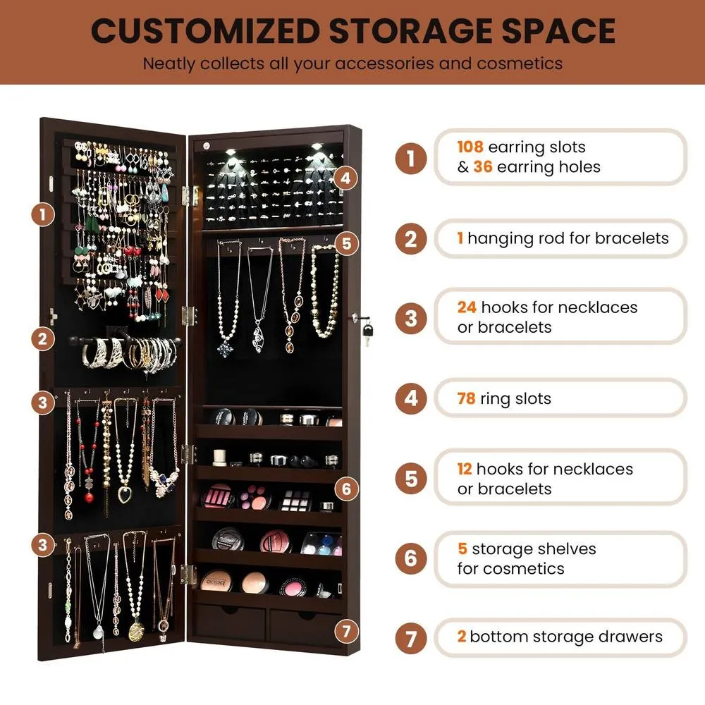 Costway 2 IN 1 Mirror Jewelry Cabinet Wall Mounted Jewelry Armoire W/ Mirror in Brown 5