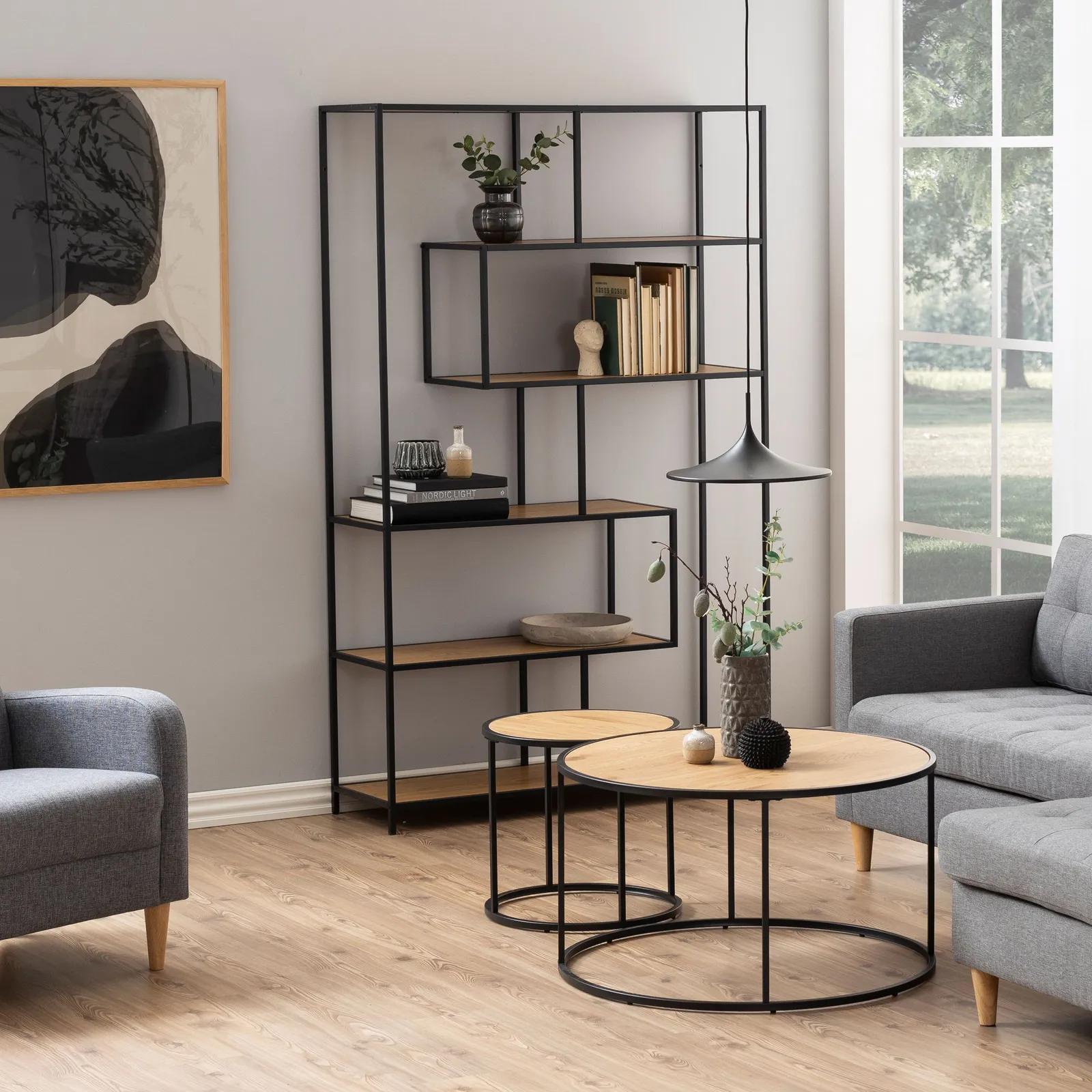 Furniture To Go Seaford Wide Black Metal Bookcase with 4 Black Oak Shelves 4