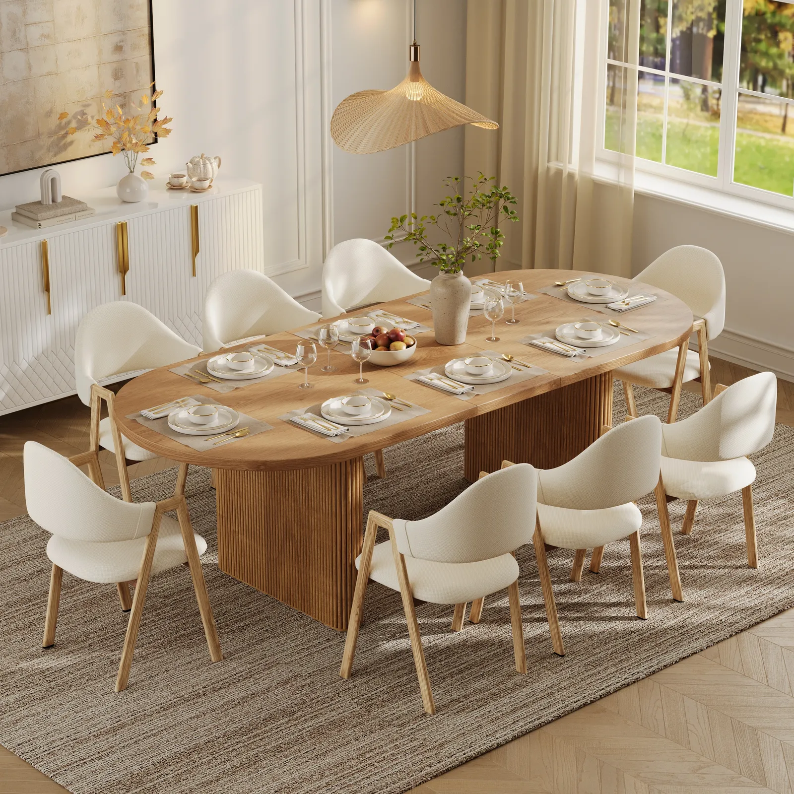 Fluve 200 cm - 240 cm Oval Extendable Natural Dining Table Butterfly Leaf 6-8 Seater