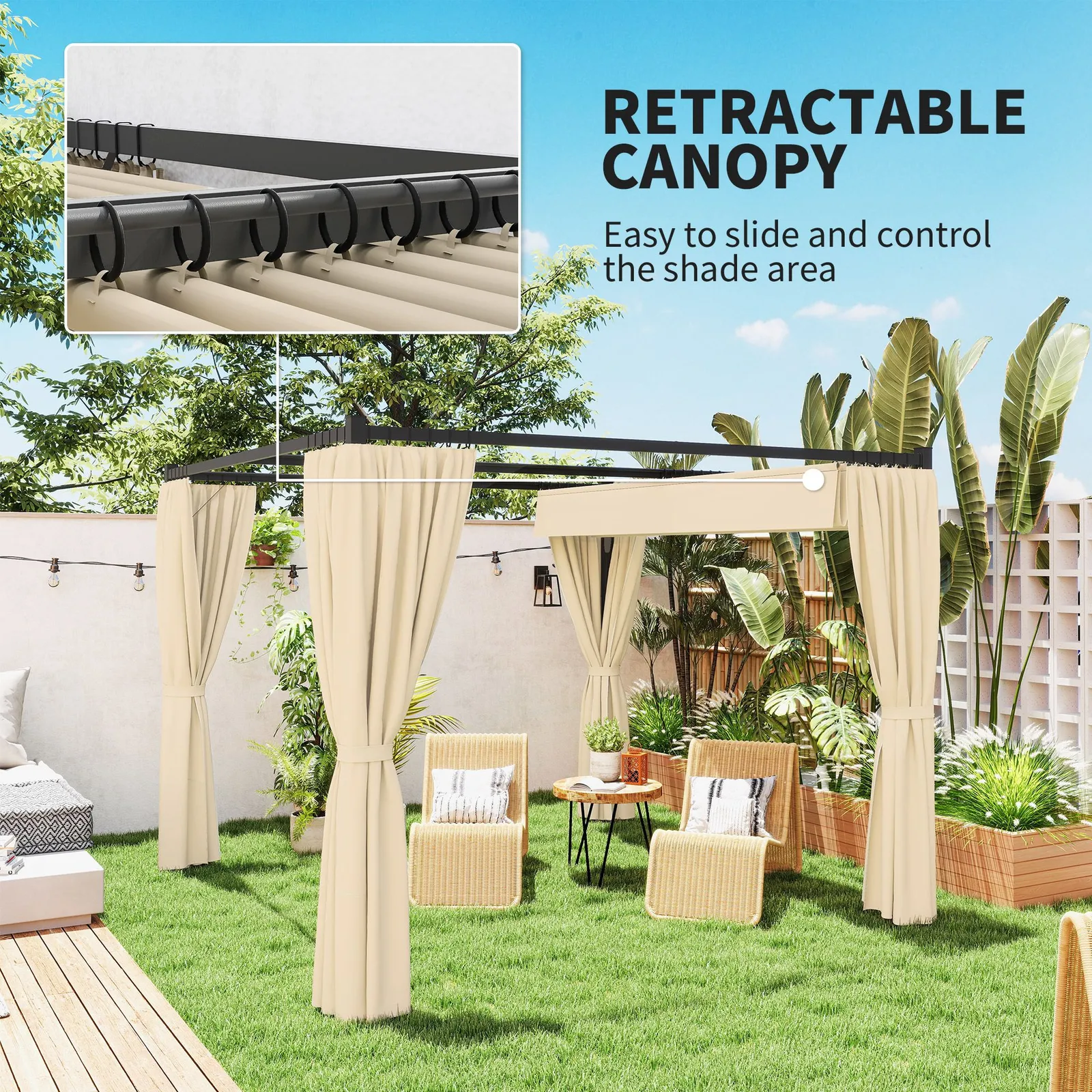 OUTSUNNY 3 x 3(m) Pergola with Retractable Roof & Curtains in Khaki 4