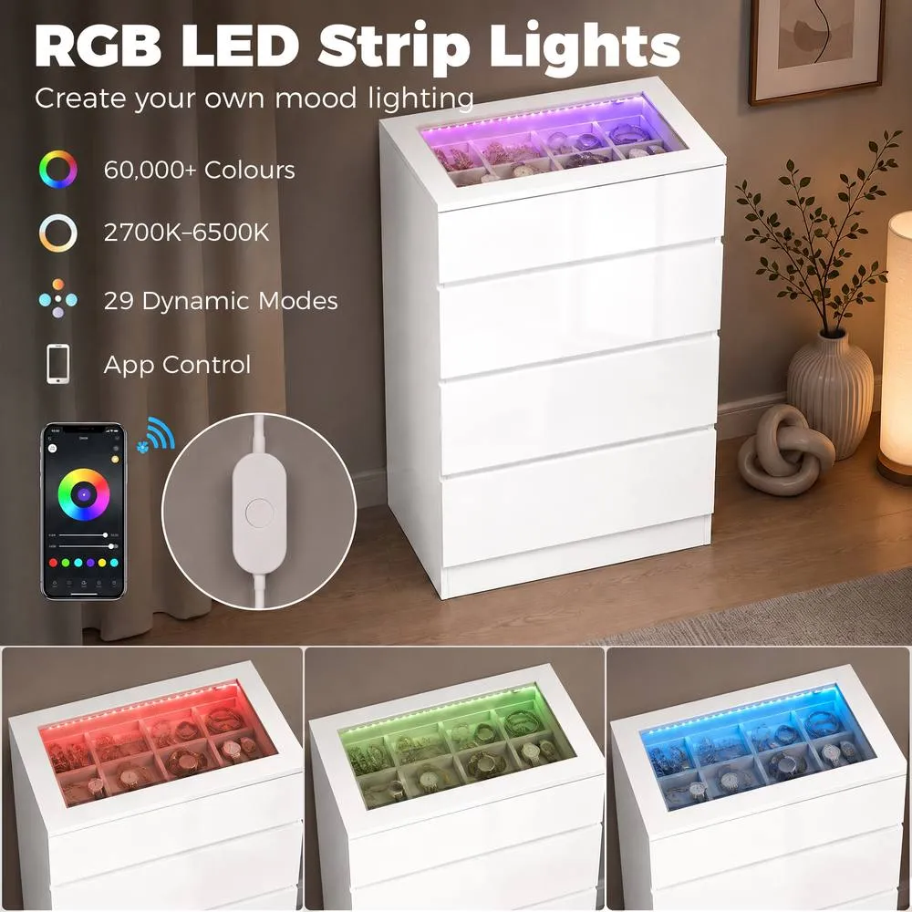 HOMCOM High Gloss 4 Drawer Chest of Drawers with Glass Top RGB LED Lights in White 5