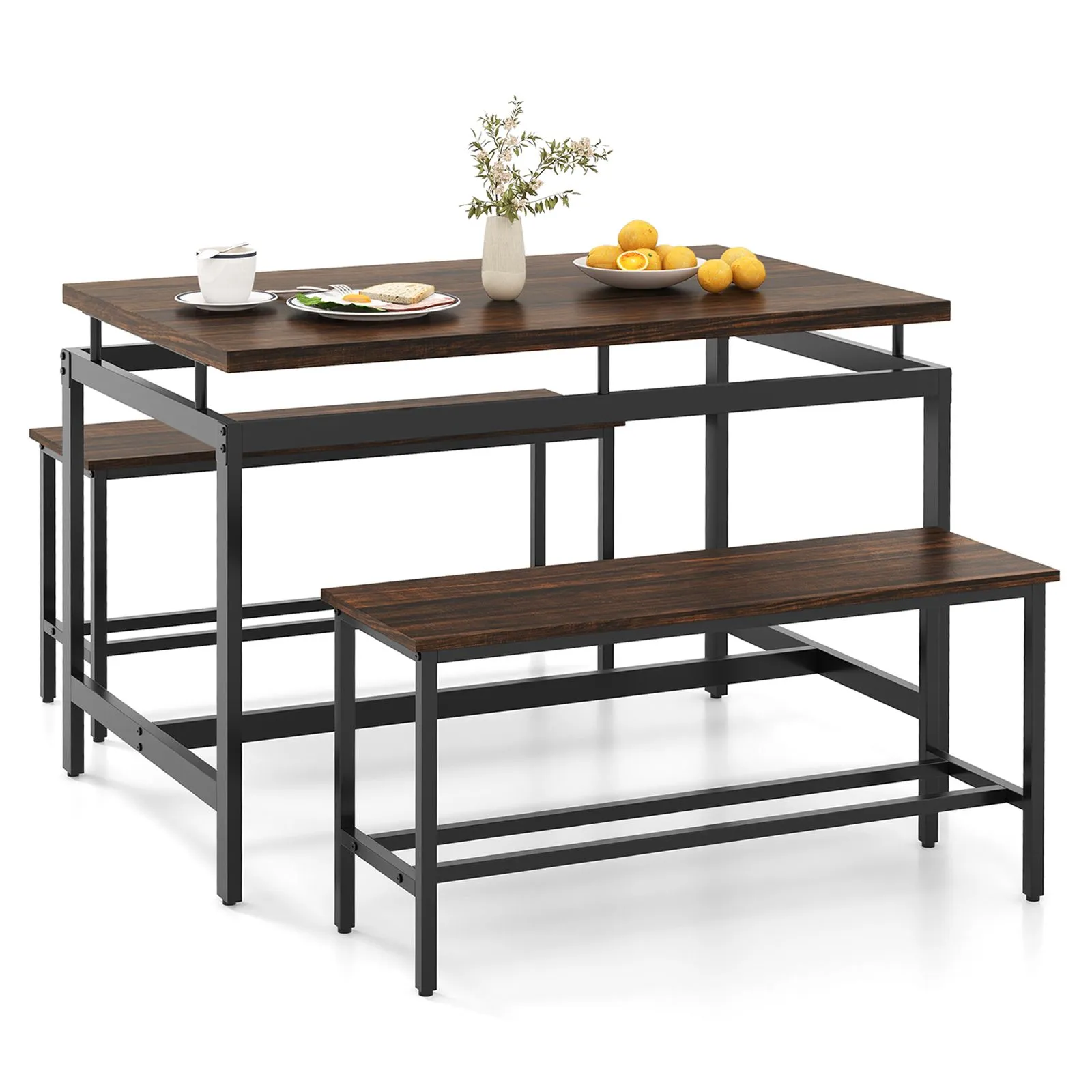 Costway 3 PCS Kitchen Dining Table Set for 4 Wooden Kitchen Table with 2 Benches in Brown 2