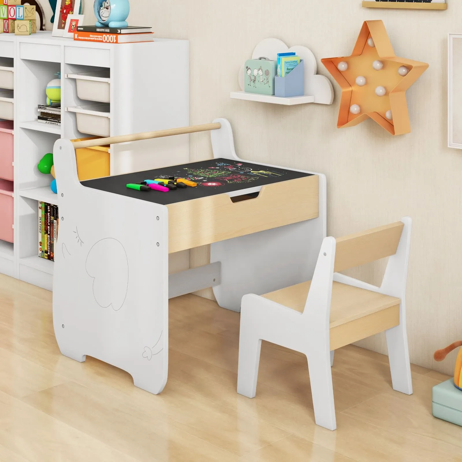 Costway Table & Chair Set Wooden Activity Desk & Chair Set in Natural 2