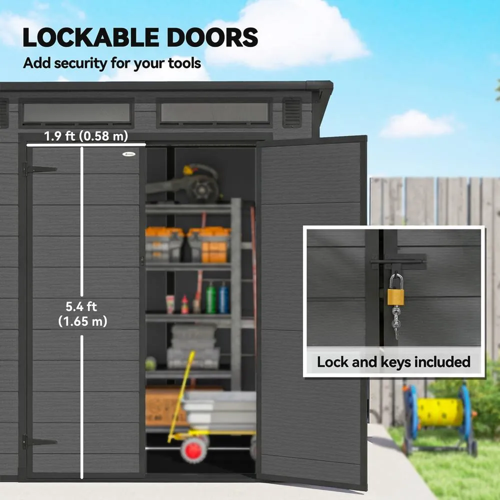 OUTSUNNY 6 x 6 ft Plastic Garden Shed with Floor, Lockable Doors in Dark Grey 6