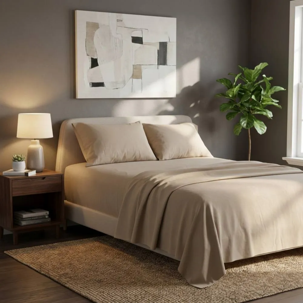 Snug City Soft Plain Brushed Cotton Fitted Flat Sheet Matching Pillowcases Set in Beige