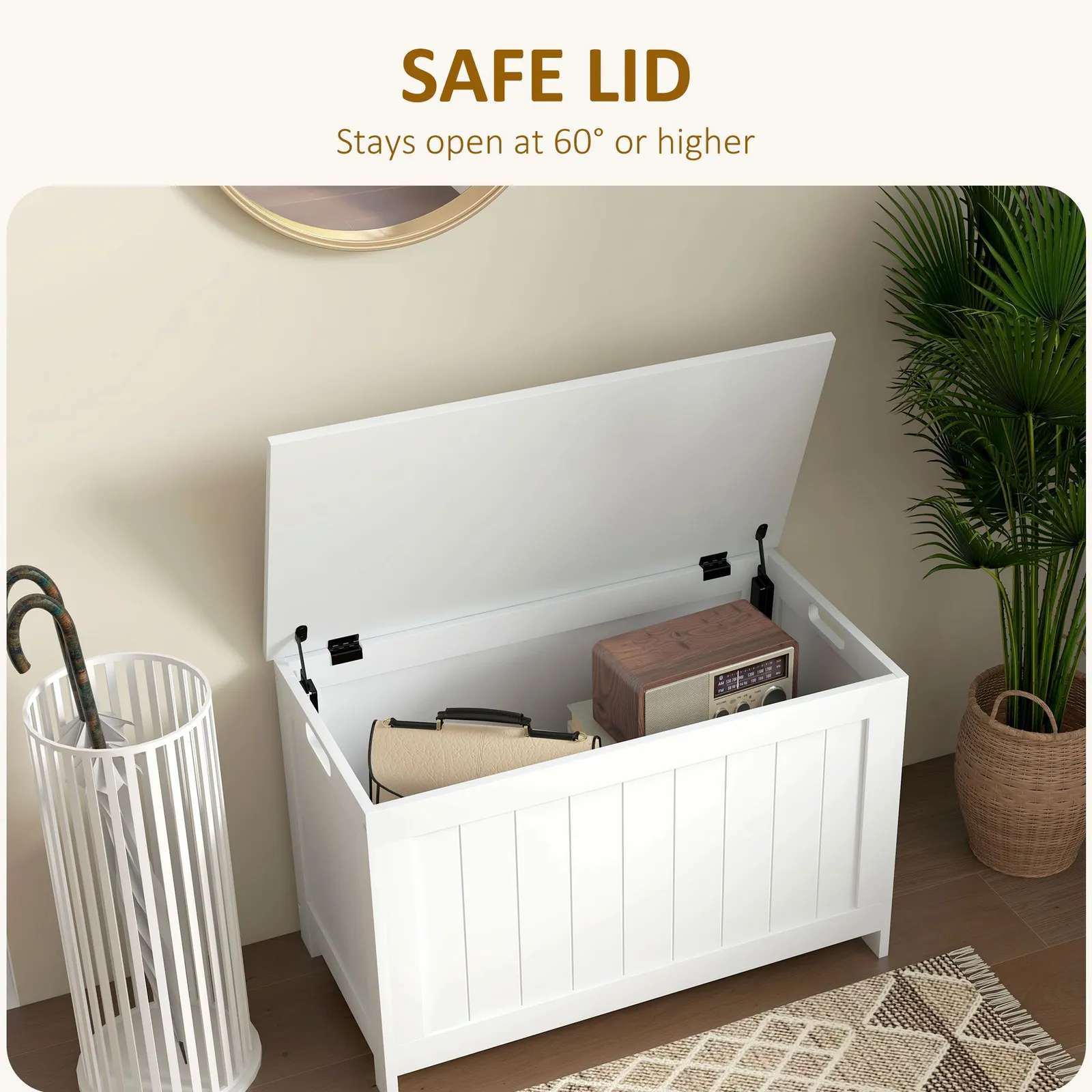 HOMCOM Storage Chest, Modern Storage Trunk with 2 Safety Hinges & Cut-out Handles, Wooden Toy Box for Living Room, Entryway, 76 x 40 x 48 cm in White 4