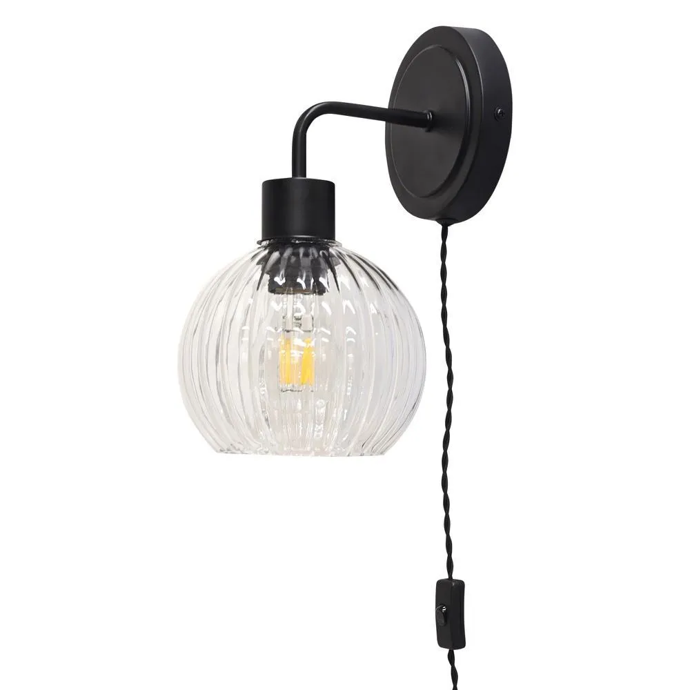 First Choice Lighting Toby - Black Plug in Wall Light with Betchley Clear Ribbed Shade