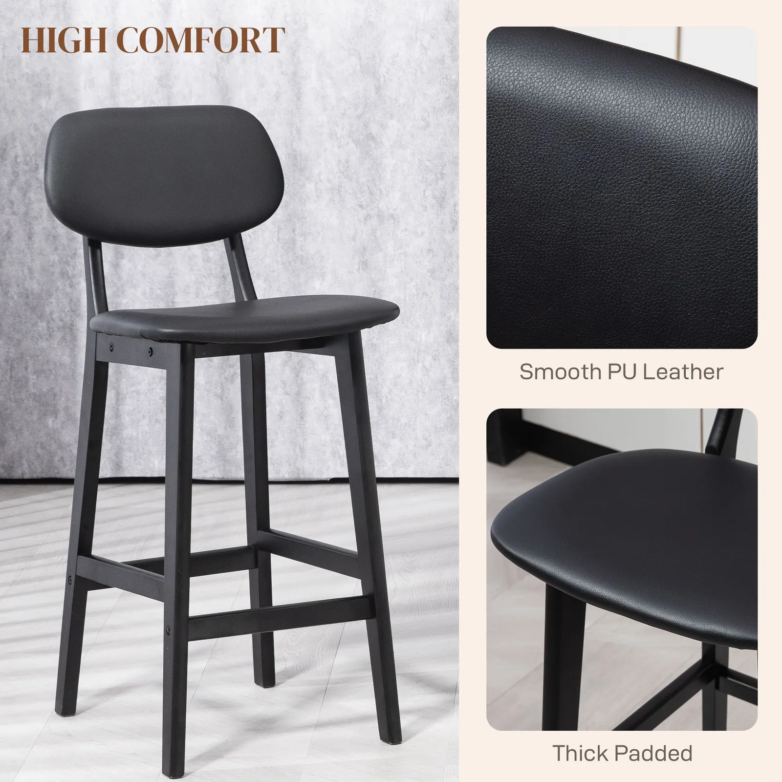 HOMCOM Breakfast Bar stools Set of 2 with PU Leather Cover, Wood Legs in Black 5