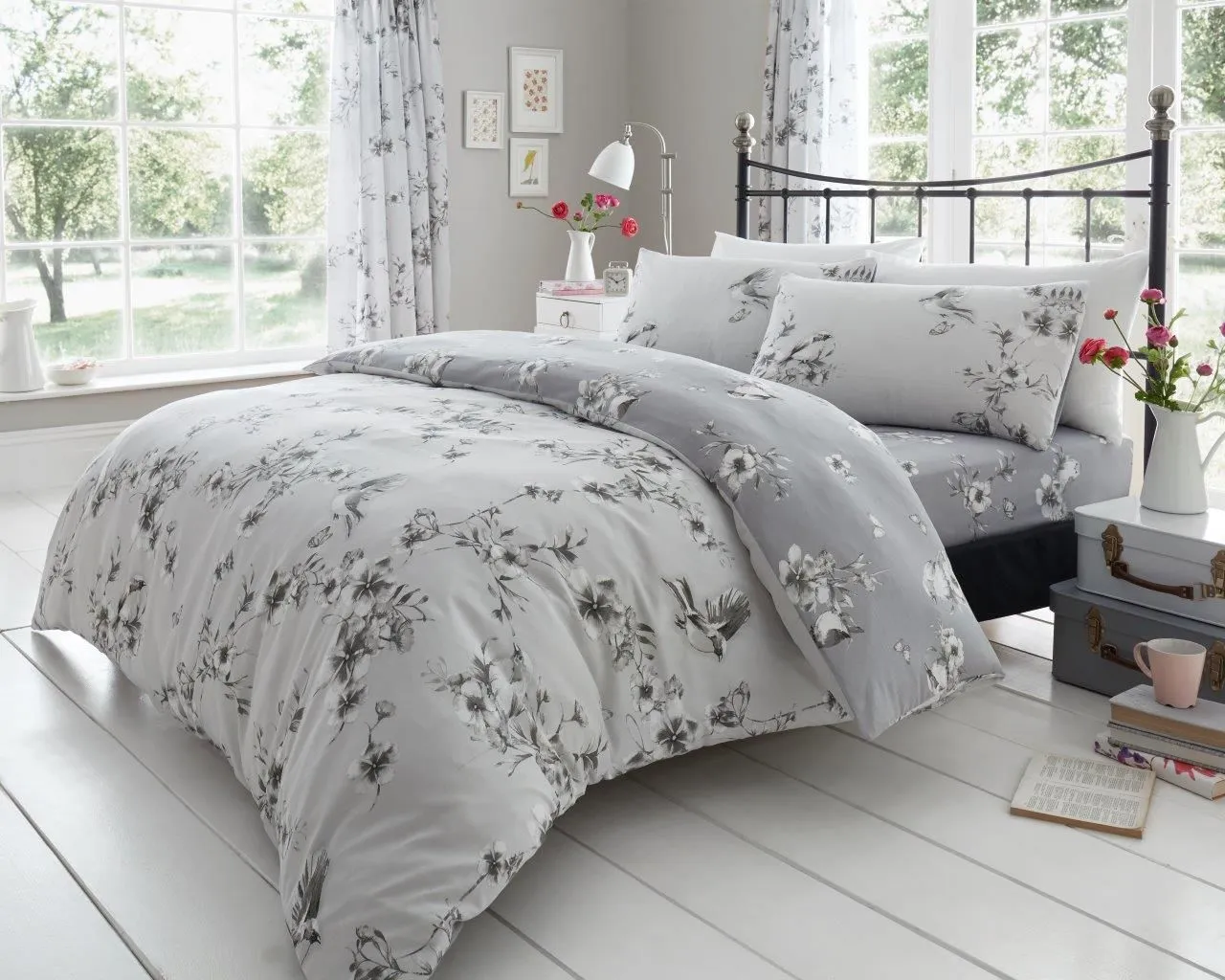 Smart Living Printed Polycotton Birdie Blossom Duvet Cover With Pillowcases in Grey