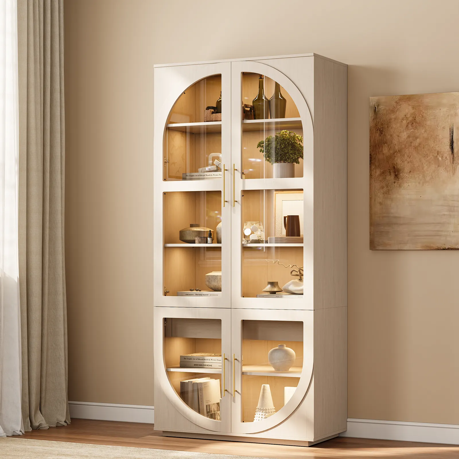 Arune Whitewash Glass Tall Display Cabinet with Drawers & LED