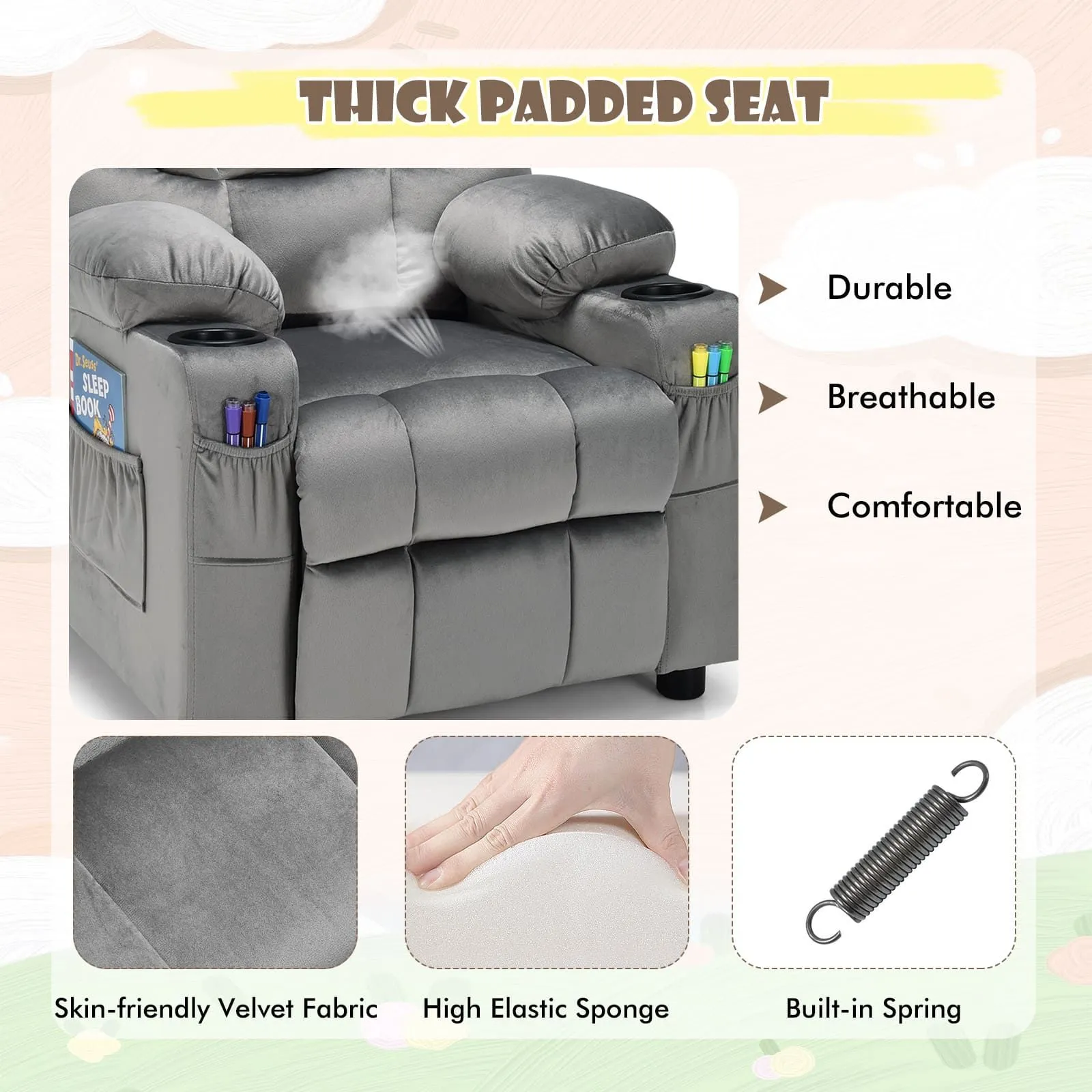 Costway Recliner Chair Velvet Fabric Adjustable Sofa Chair Gaming Lounge Chair in Grey 6