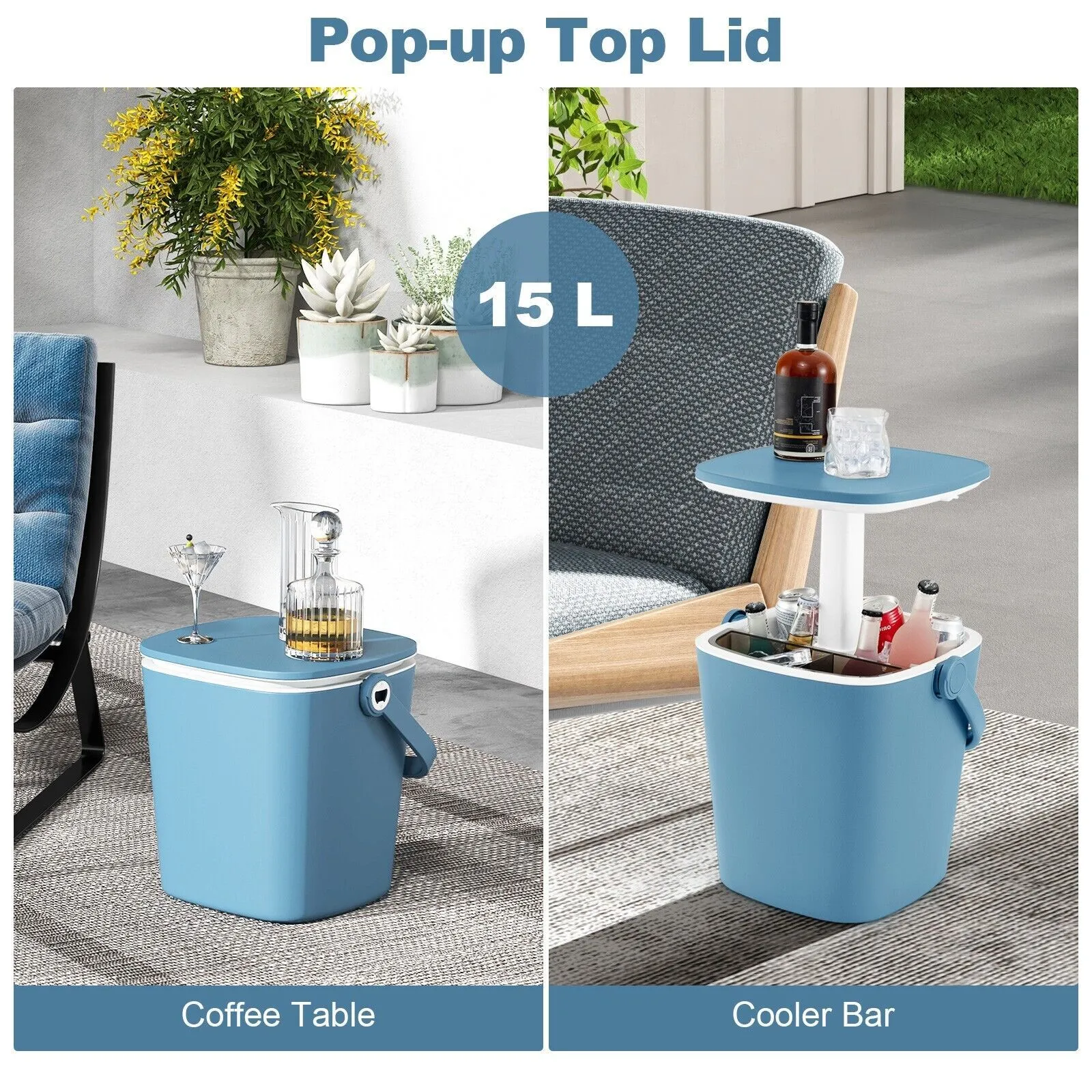 Costway 15L Outdoor Cool Bar Table Patio Cooler Side Table with Lift Top Lid in Blue 4