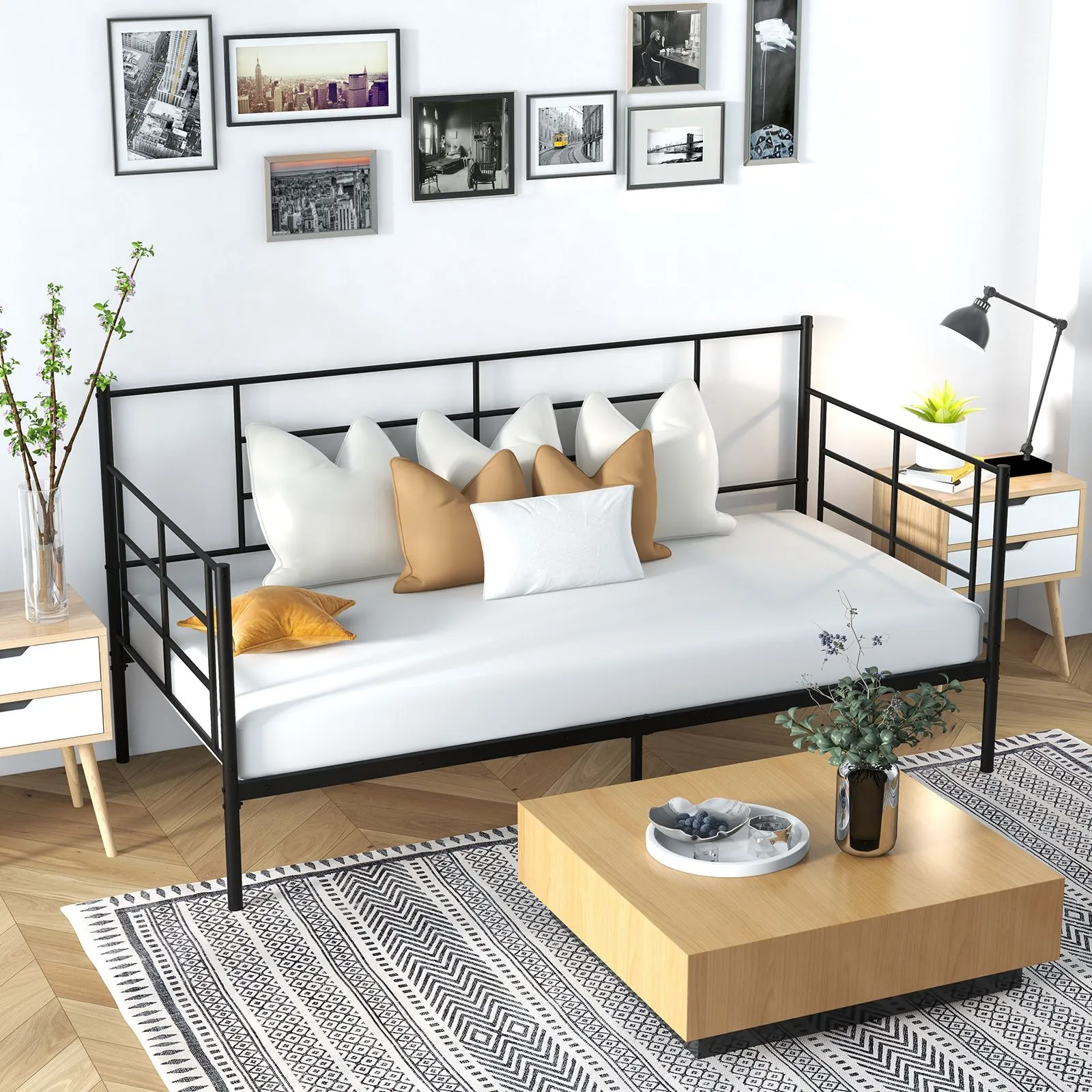 Costway Single Size Metal Sofa Bed Single Platform Bed Daybed with Arms & Back in Black