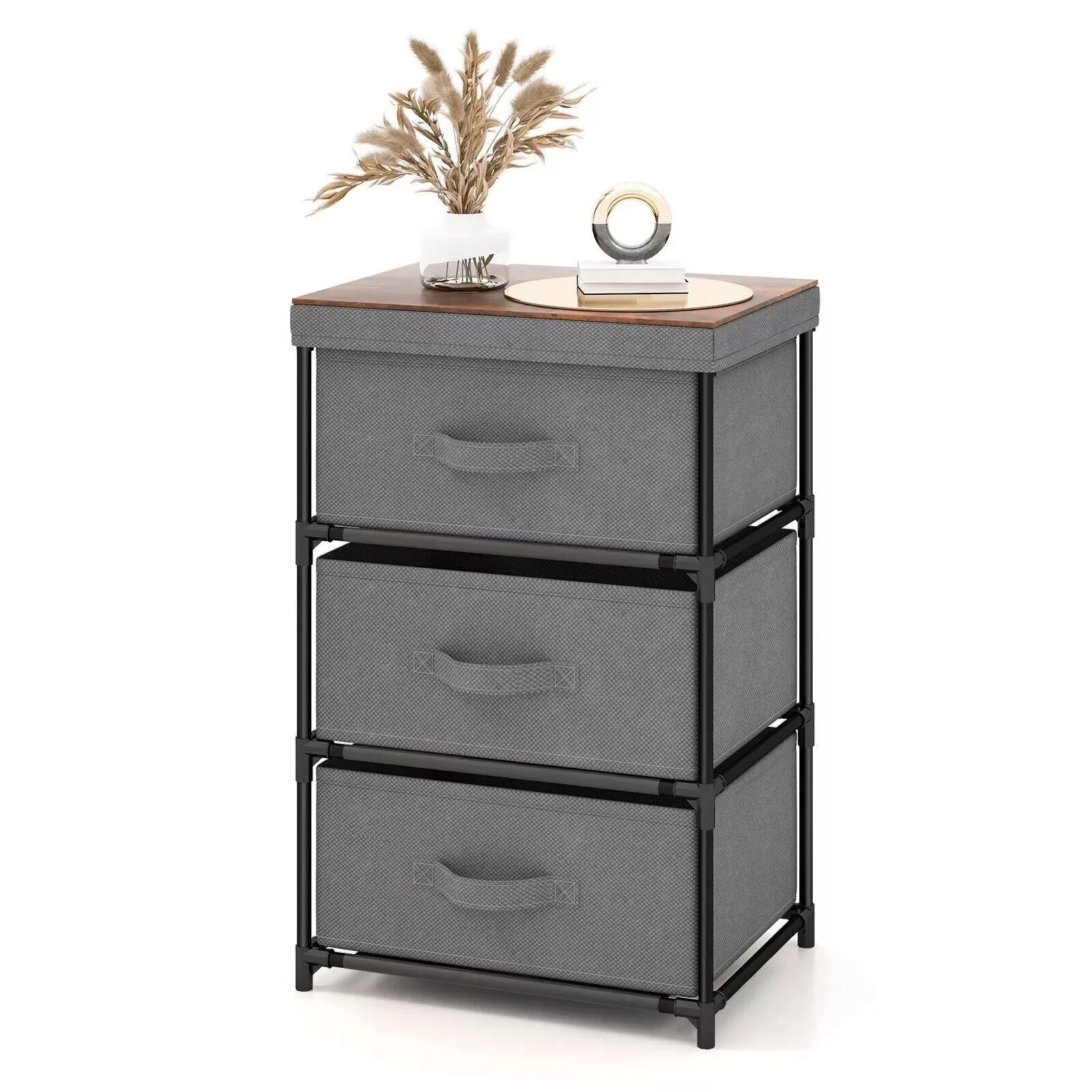 Costway 3 Chests of Drawers 3-Tier Nightstand Organizer Fabric Dresser with Metal Frame in Grey
