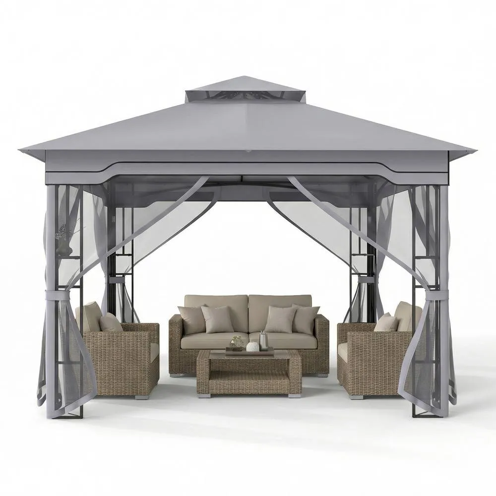 Costway 3.3 x 3.3 M Double Roof Soft Top Patio Gazebo w/ Zippered Mesh Netting in Grey
