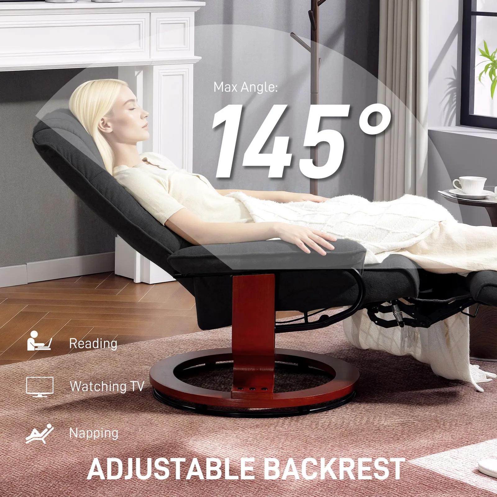 HOMCOM Manual Recliner Swivel Reclining Chair with Footrest Armrests, Black 4