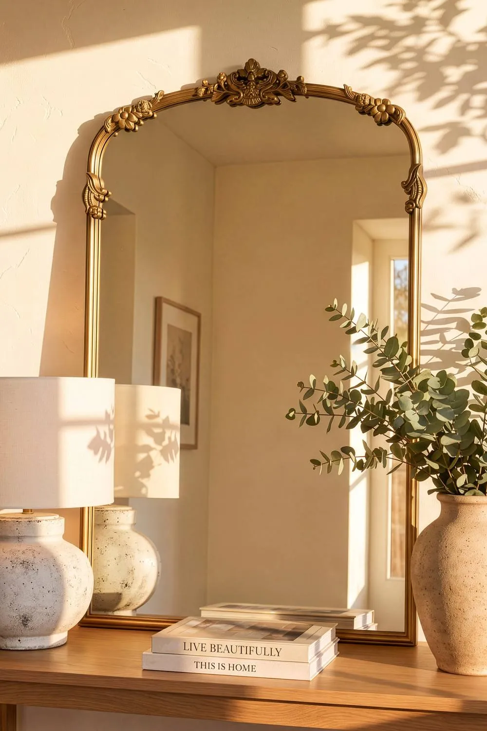 Dibor Gold Floral Crest Overmantel Wall Mirror, 91cm x 61cm