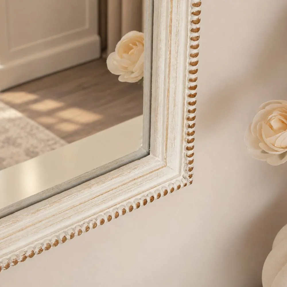 Melody Maison White Washed Distressed Wooden Beaded Frame Wall Mirror - 40cm X 60cm in Cream 5