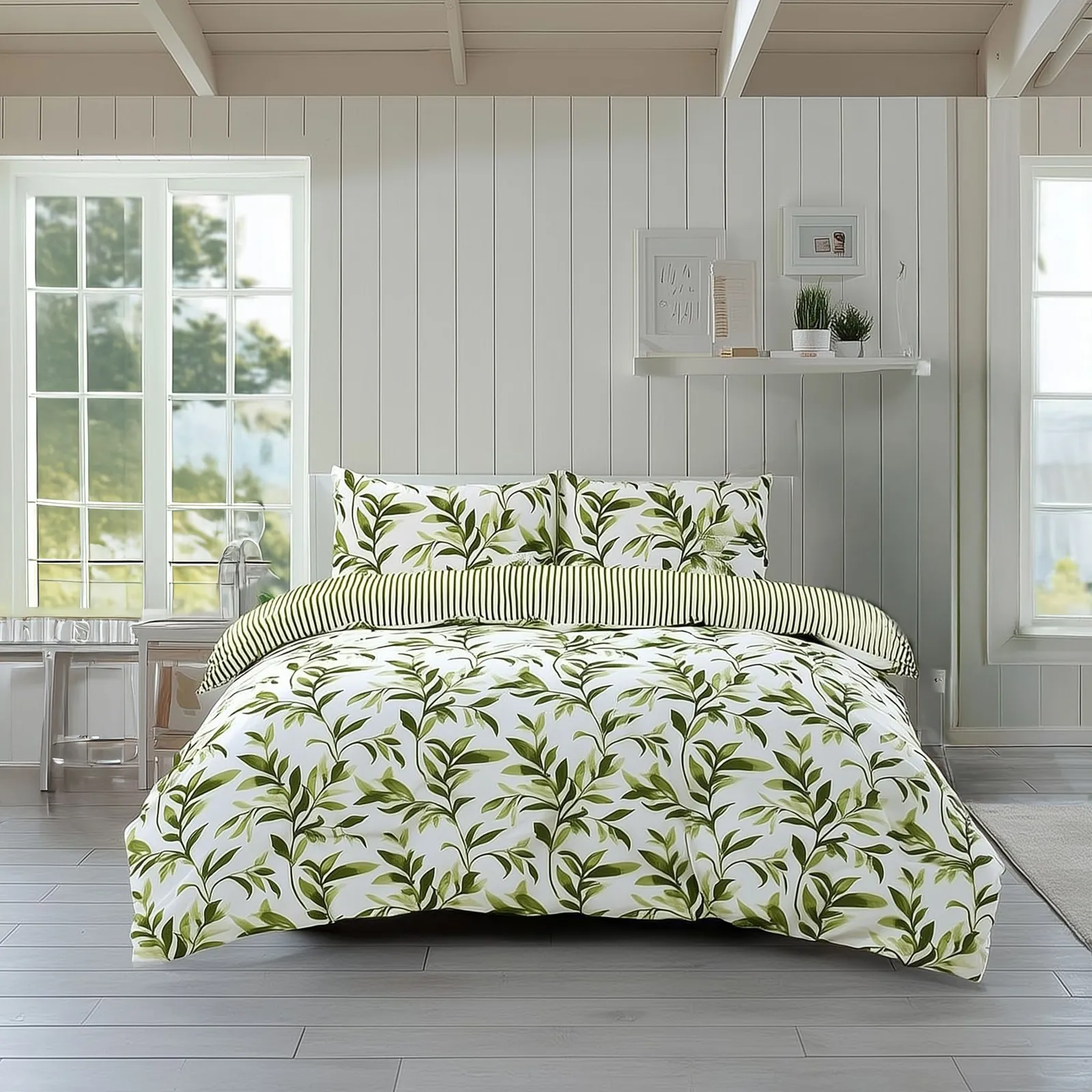 Snug City Duvet Cover & Pillowcase Set Reversible Leaf & Stripe Design Polycotton Bed Linen in Green