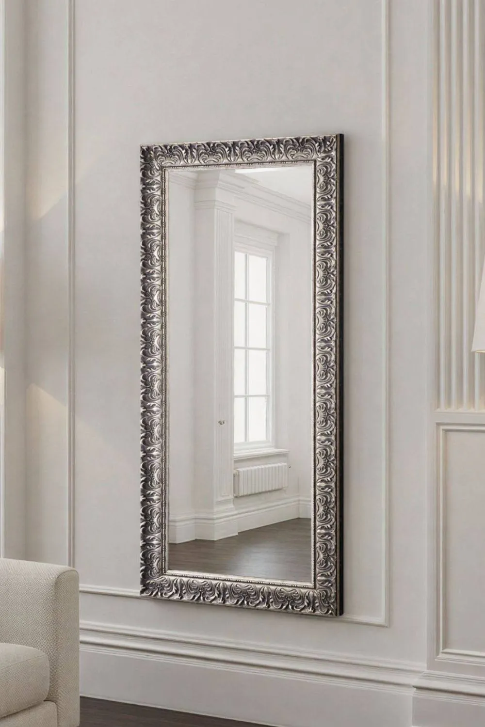 Yearn Mirrors Carved Framed Bevelled Tall Mirror Silver 138x62cm