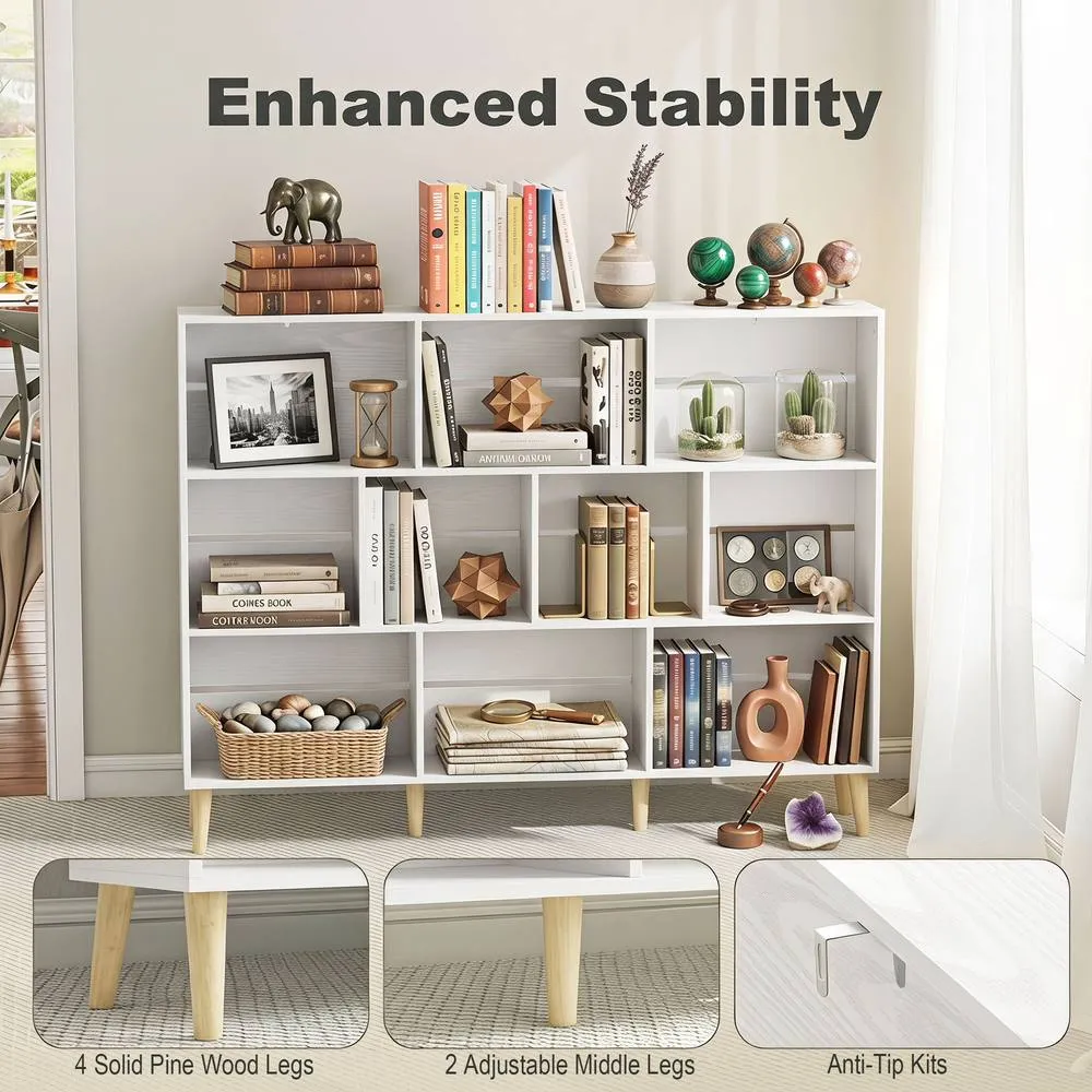 HOMCOM Bookshelf with 10 Cubbies, 3-Tier Book Shelf with Wood Legs, White 5