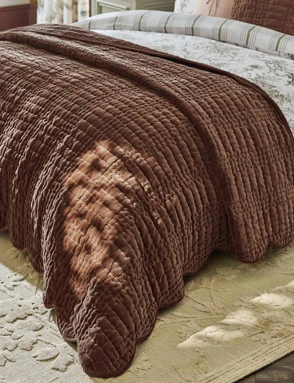 Laura Ashley Velvet Scalloped Bedspread Brown
