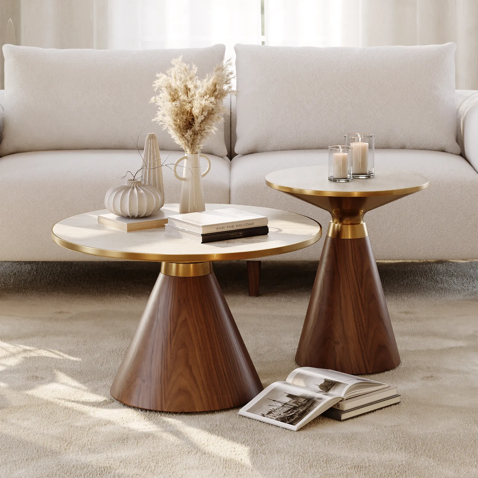 Travertine Sintered Stone Round Coffee Table 2 Pieces Set Modern Walnut Living Room Furniture