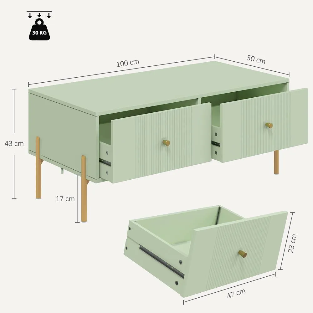 HOMCOM Coffee Table with 2 Drawers & legs for Living Room, Light Green 3