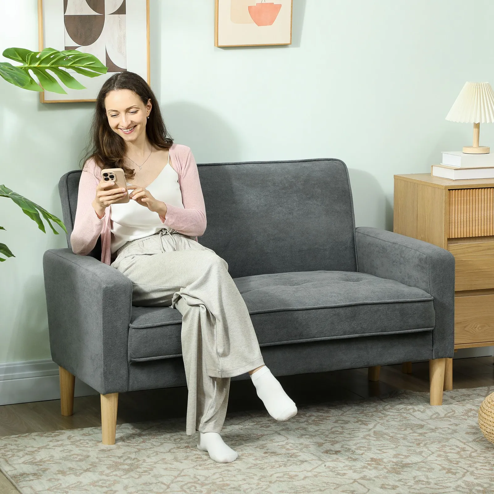 HOMCOM 2 Seater Sofa, Velvet Upholstered Loveseat for Small Space in Grey 1