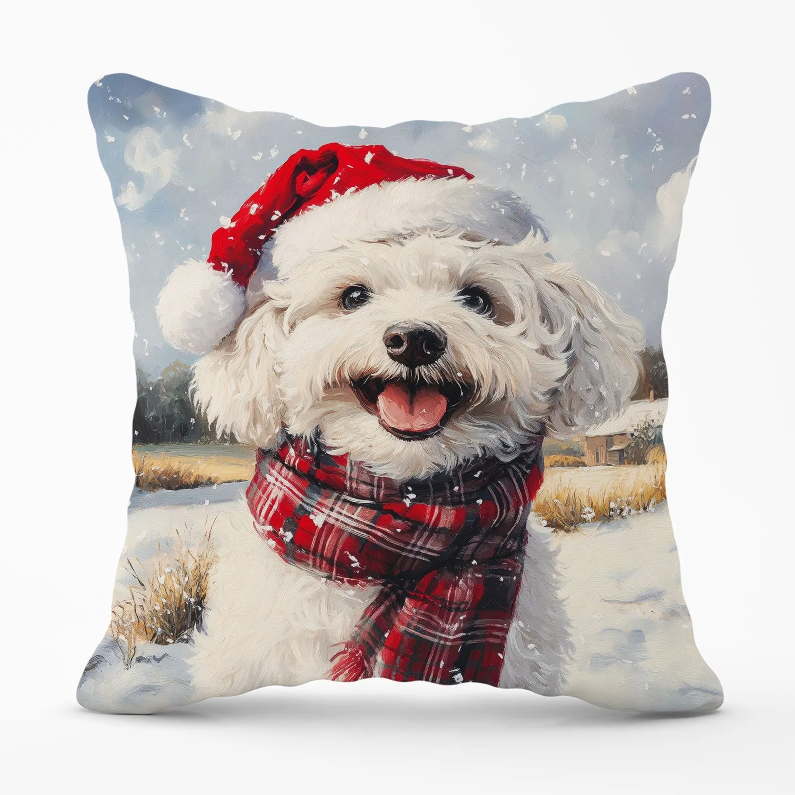Warren Reed - Designer Christmas Bischon Frise Cushion in White