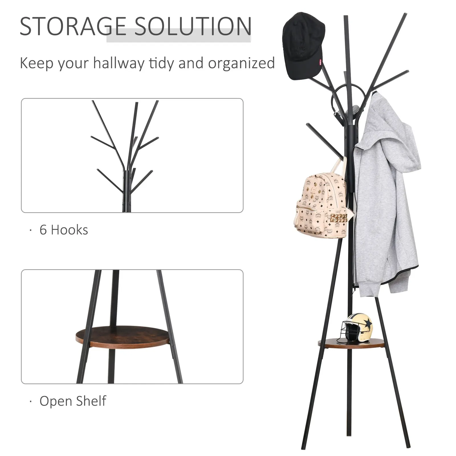 HOMCOM Free Standing Coat Rack Metal Shelf Holder Stand Display Clothes Hat in Brown 4